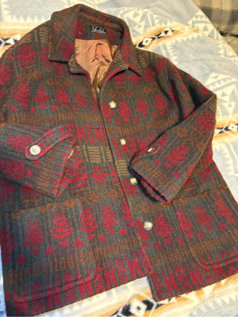 Patterned Wool Blend Peacoat in Red & Brown by Villager